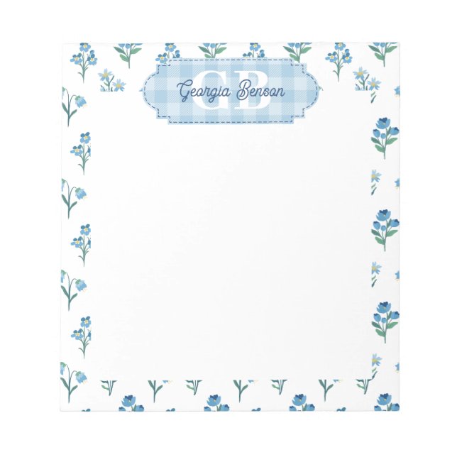 Delicate Blue Floral Monogram Cottagecore Notizblock (Vorderseite)