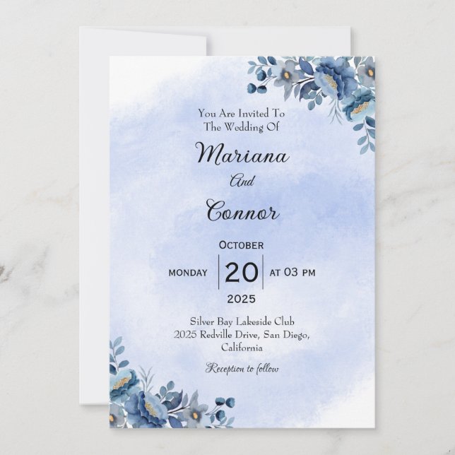 Delicate Blue Floral Wedding Invitation Einladung (Vorderseite)