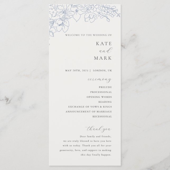 Delicate Blue Floral Wedding Programm (Vorderseite)