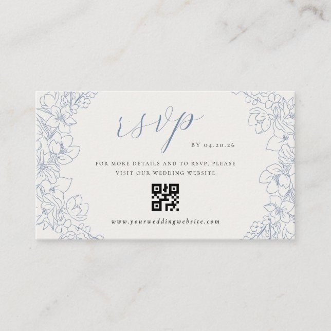 Delicate Blue Floral Wedding QR code RSVP Begleitkarte (Vorderseite)
