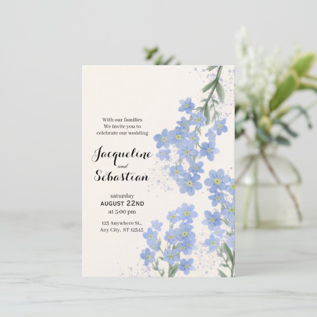 Delicate Blue Forget-Me-Not Wedding Einladung (Stehend Vorderseite)