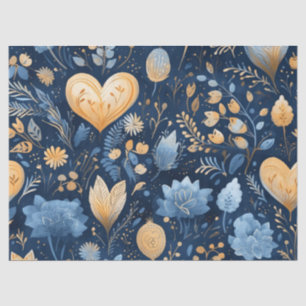 Delicate Blue Gold Floral Hearts Decoupage Seidenpapier