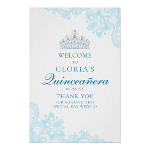 Delicate Blue Lace Quinceanera Begrüßungszeichen Poster