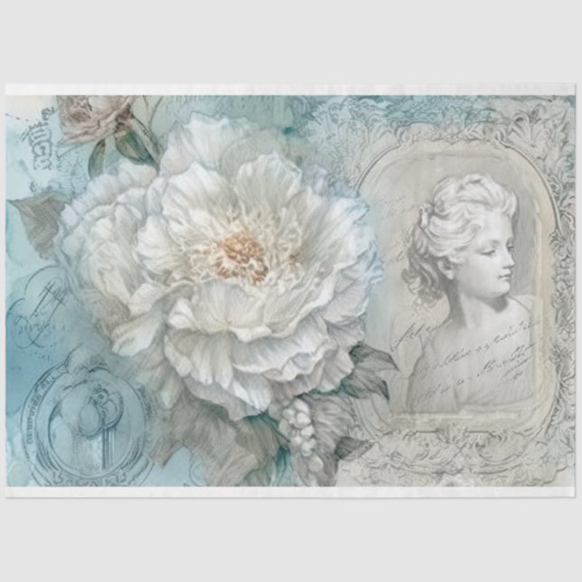 Delicate Blue Vintag Inspirierte Blumendekoupage Seidenpapier (Vorderseite)