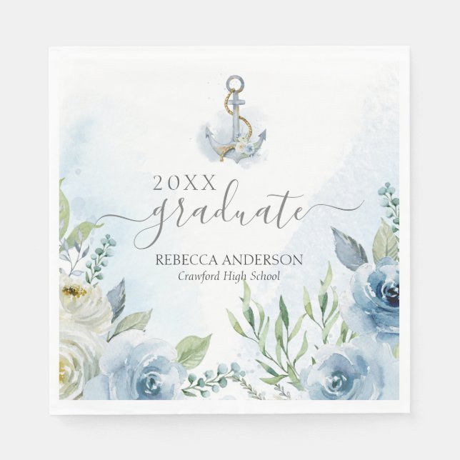 Delicate Blue Watercolor Floral Anchors Graduation Serviette (Vorderseite)