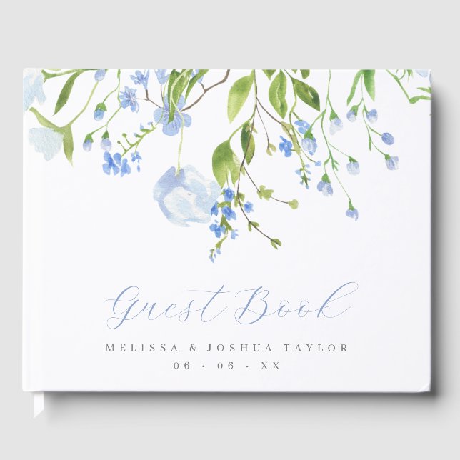 Delicate Blue Wild Blume Script Wedding Gästebuch (Vorderseite)