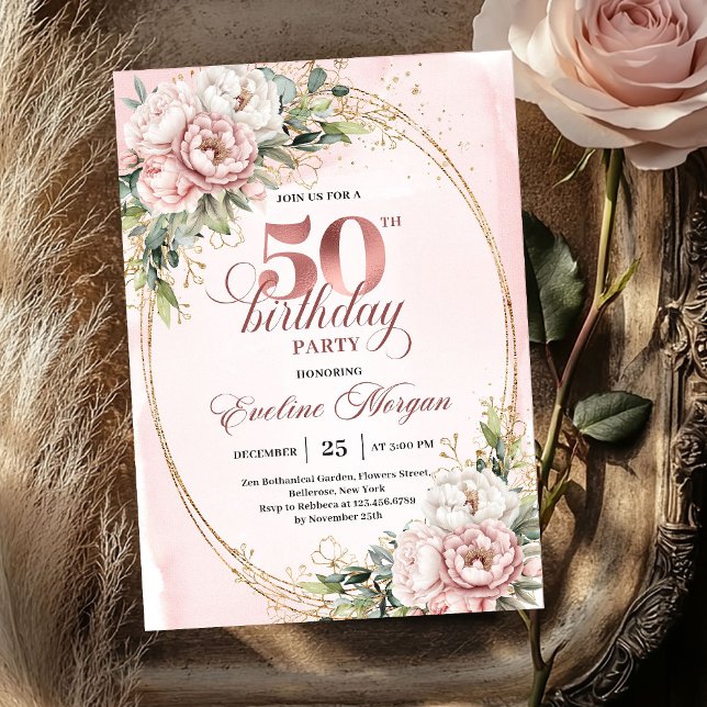 Delicate Blush Watercolor 50th Birthday Invitation Einladung (Delicate Blush Watercolor 50th Birthday Invitation)