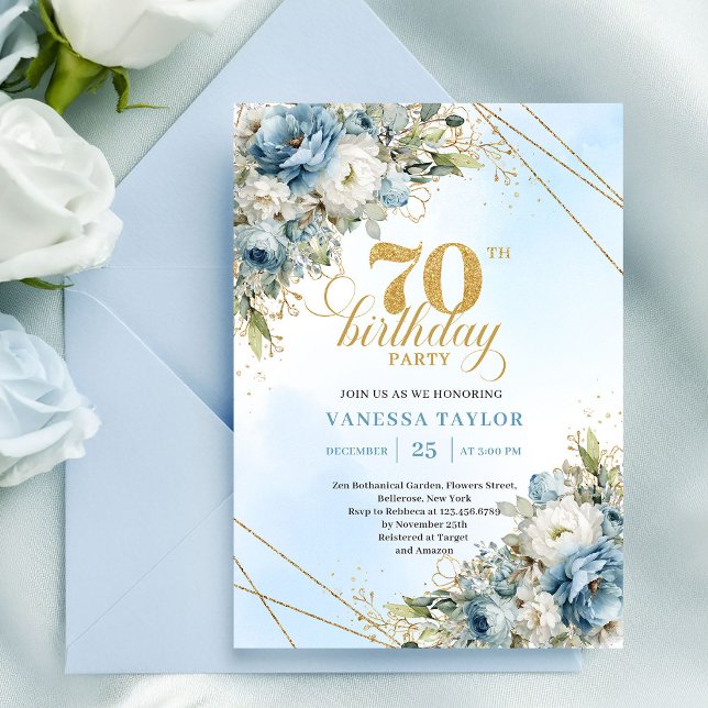 Delicate boho blue florals gold frame 70 birthday einladung (Delicate boho blue florals gold frame 70th birthday

)