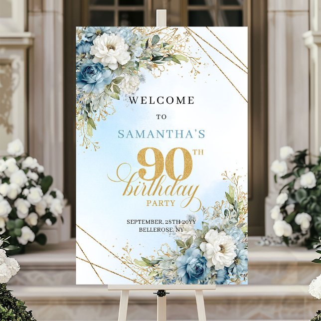 Delicate boho blue florals gold frame 90 birthday poster (Delicate boho blue florals gold frame 90th birthday

)