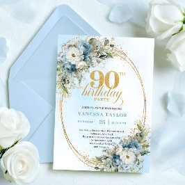 Delicate Boho Dusty Blue Floral Gold 90th Birthday Einladung