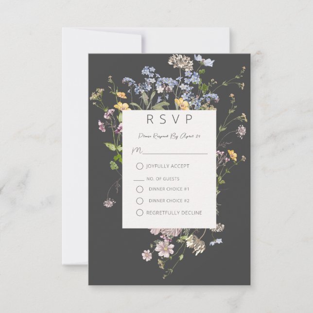 Delicate Boho Wildblumen Charkohle RSVP Karte (Vorderseite)