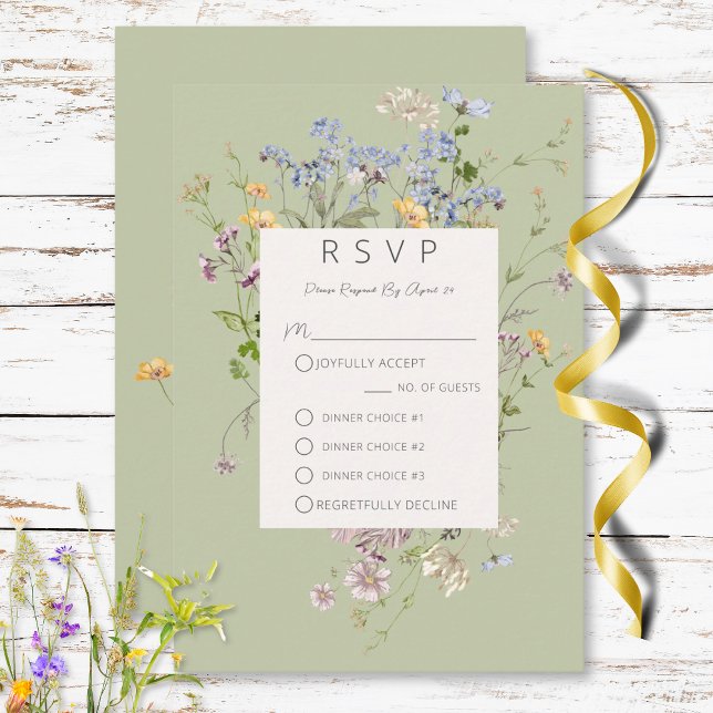 Delicate Boho Wildblumen Grün Drei Abendessen RSVP Karte (Delicate Boho Wildflowers Green Three Dinner RSVP Card)