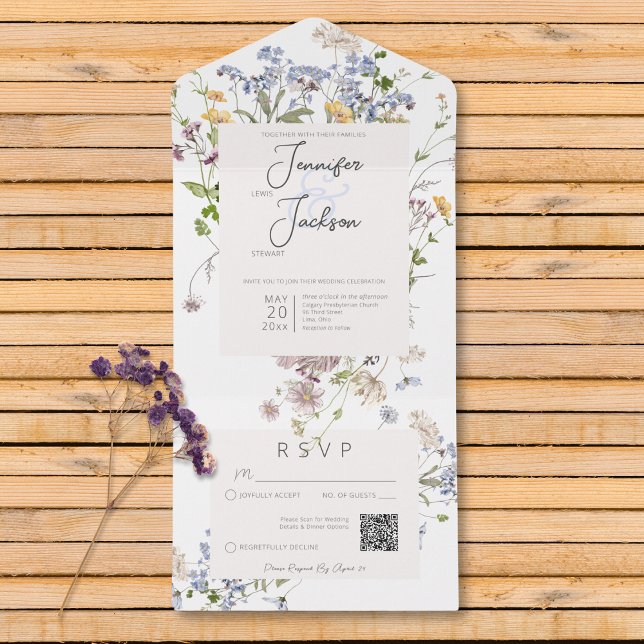 Delicate Boho Wildblumen White QR Code All In One Einladung (Delicate Boho Wildflowers White QR Code All In One Invitation)