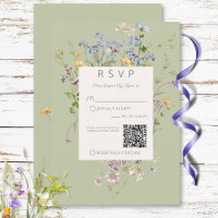 Delicate Boho Wildflowers Green QR Code Wedding