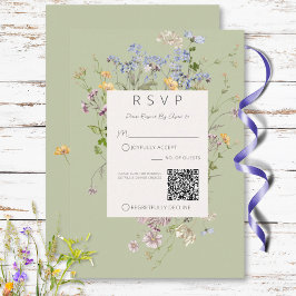 Delicate Boho Wildflowers Green QR Code Wedding RSVP Karte