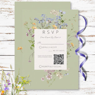 Delicate Boho Wildflowers Green QR Code Wedding RSVP Karte