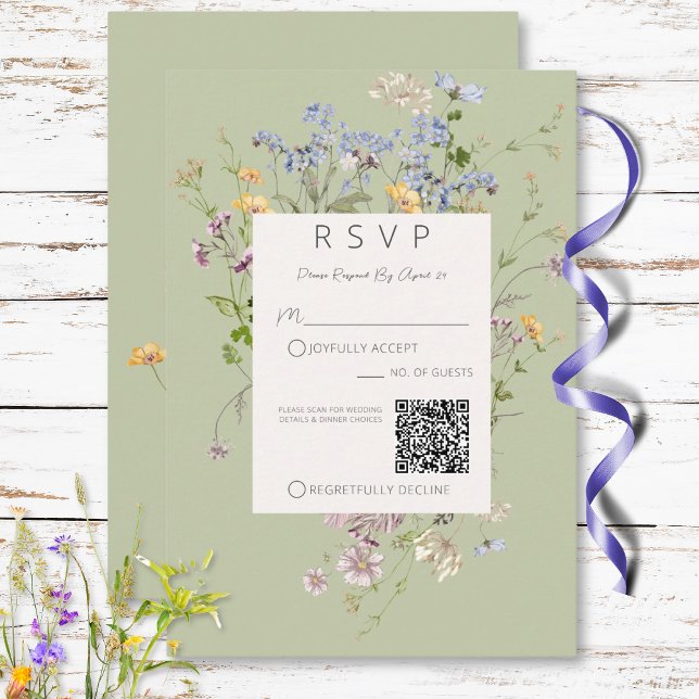 Delicate Boho Wildflowers Green QR Code Wedding RSVP Karte (Delicate Boho Wildflowers Green QR Code Wedding RSVP Card)