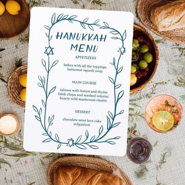 Delicate Botanical Hanukkah Party Dinner CUSTOM  Menükarte (Delicate Botanical Drawing Hanukkah Party Dinner CUSTOM jewish Event Menu
)