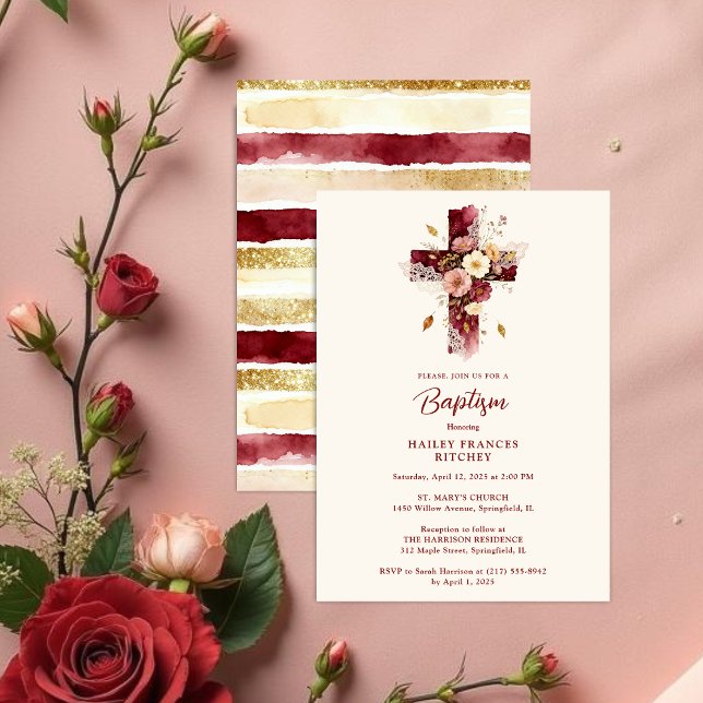 Delicate Burgundy Floral Christian Cross Baptism Einladung (Delicate Burgundy Glitter Effect Floral Christian Cross-Shape Baptism Invitation Card Design.)