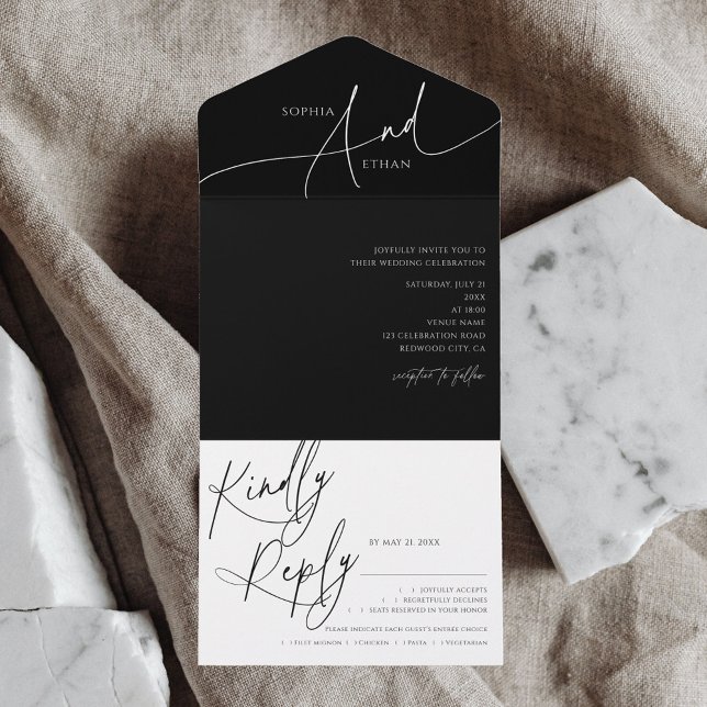 Delicate Calligraphy Minimalist Black Wedding All In One Einladung (Von Creator hochgeladen)
