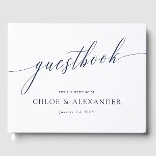 Delicate Calligraphy Navy Blue White Wedding Gästebuch