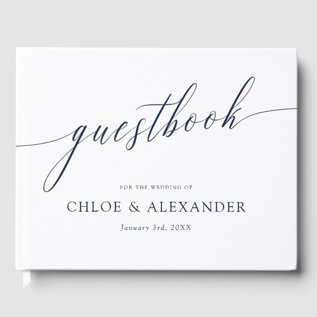 Delicate Calligraphy Navy Blue White Wedding Gästebuch (Vorderseite)