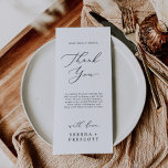 Delicate Calligraphy Tee Vielen Dank Empfang Card Menükarte<br><div class="desc">Dieser köstliche Kalligrafietee ist dank der Empfang-Karte perfekt für eine moderne Hochzeit. Das romantische minimalistische Design besticht durch eine hübsche und elegante schwarze Typografie auf weißem Hintergrund mit einem sauberen und schlichten Look. Platzieren Sie diese Karten am Tisch für jeden Ihrer Gäste an Ihrem Hochzeitsempfang. Personalisieren Sie die Karte mit...</div>