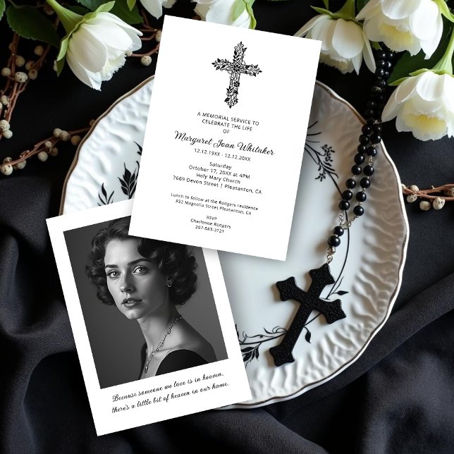 Delicate Christian Cross Minimal Photo Funeral Einladung (Sophisticated Delicate Christian Cross Minimal Black & White Funeral Invitation Cards with Photo.)