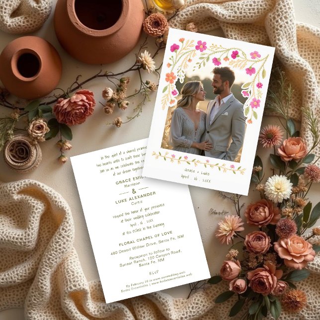 Delicate Colorful Floral Border Mexican Embroidery Einladung (Delicate Colorful Floral Border Mexican Embroidery-Inspired Wedding Invitations Cards with Photo.)