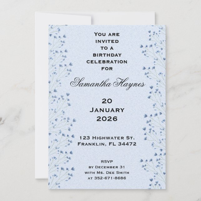 Delicate Dark Blue Wildblumen Geburtstagsparty Einladung (Vorderseite)