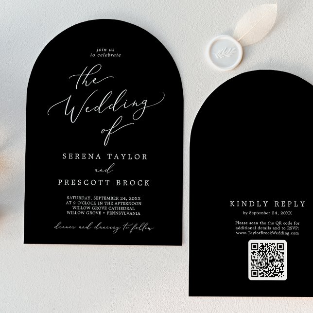 Delicate Dunkel QR Code Boho Arch Wedding Einladung (Delicate Dark Black QR Code Boho Arch Wedding Invitation)