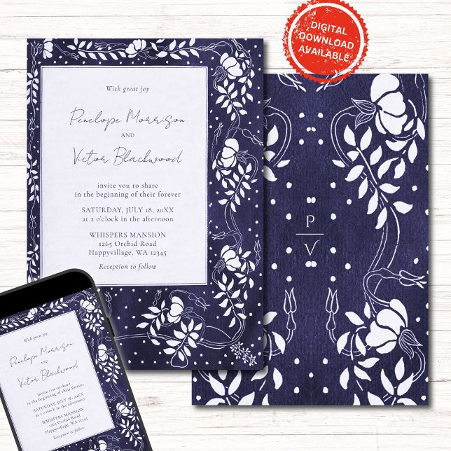 Delicate Floral Frame on Blue Wedding Invitation Einladung (Von Creator hochgeladen)