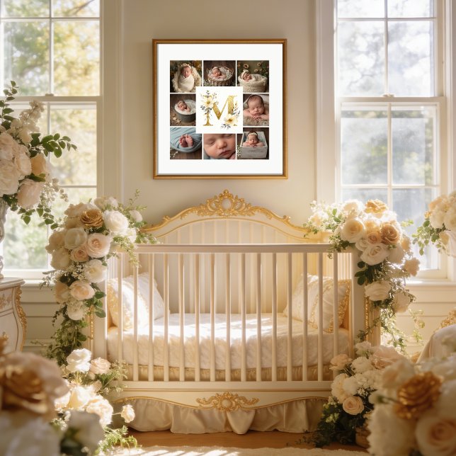 Delicate Floral Initial M 8-Photos Collage Newborn Poster (Delicate Floral Initial M Monogram 8-Photos Collage Newborn Session Poster Design.)