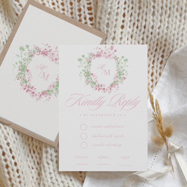  Delicate French Flora Crest Wedding RSVP Karte (Von Creator hochgeladen)