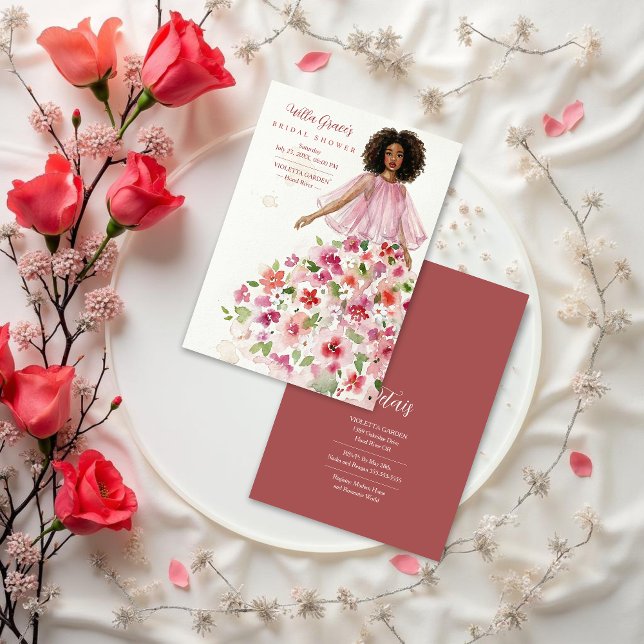 Delicate Girl Pink Floral Tulle Bridal Shower Einladung (Delicate Pink Floral Tulle Bridal Shower Invitation Featuring Watercolor Effect Woman Illustration.)