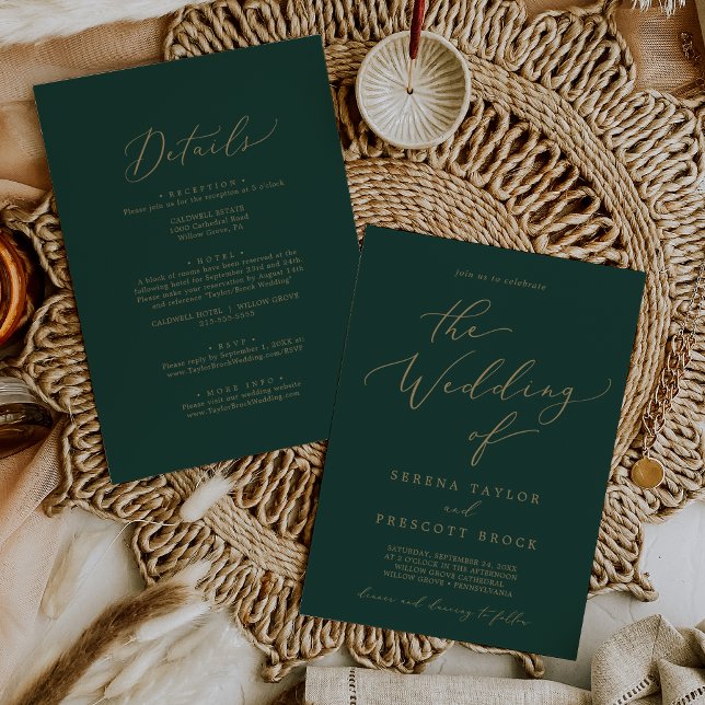 Delicate Gold Calligraphy Green All In One Wedding Einladung (Von Creator hochgeladen)