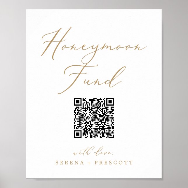 Delicate Gold Calligraphy QR Code Honeymoon Fund Poster (Vorne)