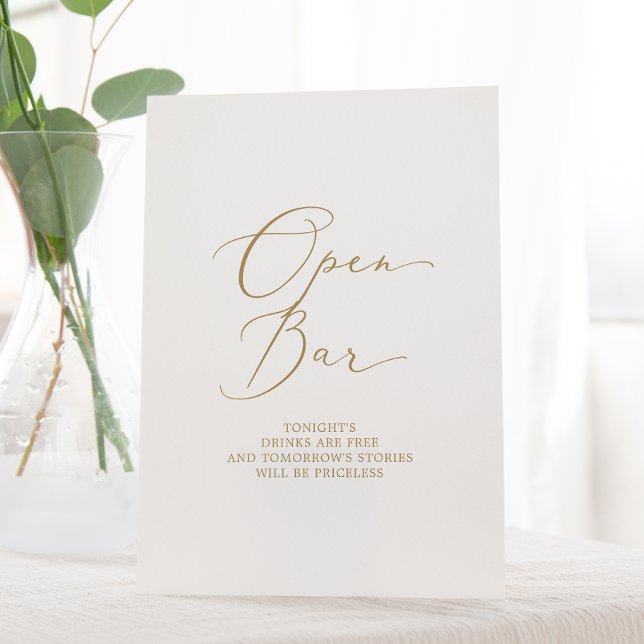 Delicate Gold Calligraphy Wedding Open Bar Sockelschild (Von Creator hochgeladen)