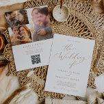 Delicate Gold Foto Collage QR Code Hochzeit Einladung<br><div class="desc">Dieses zarte Foto-Collage QR Code Hochzeitseinladung ist perfekt für eine moderne Hochzeit. Das romantische minimalistische Design besticht durch eine hübsche und elegante Champagner-goldgelbe Typografie auf weißem Hintergrund mit einem klaren und schlichten Look. Personalisieren Sie Ihre Einladung mit 3 Verlobungen Fotos auf der Rückseite. Fügen Sie Ihren Gästen einen QR-Code zum...</div>