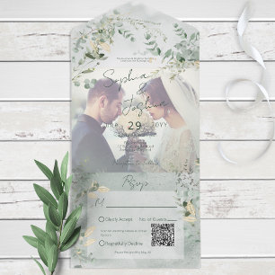 Delicate Greenery Modernes Foto QR Code All In One Einladung