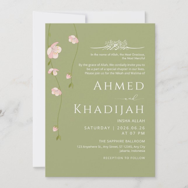 Delicate Hanging Peach Blossom Islamic Wedding Einladung (Vorderseite)