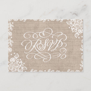 Delicate Lace Burlap Rustic Wedding RSVP Karte