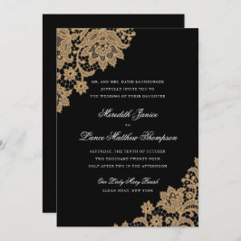 Delicate Lace Corner Black and Gold Script Wedding Einladung
