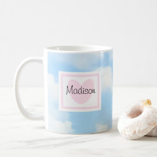 Delicate Light Blue Cloudy Sky Pink Herzname Kaffeetasse