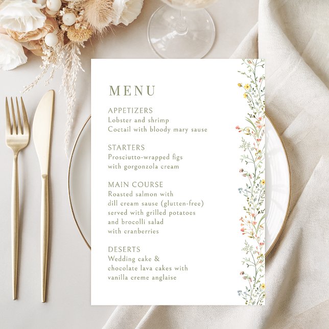Delicate Meadow Wild Flower Wedding Menu Cards Begleitkarte (Von Creator hochgeladen)