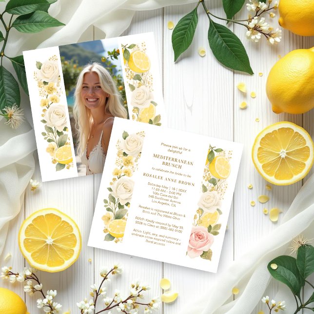 Delicate Mediterranean Lemons Flowers Greenery Einladung (Delicate Pastel Mediterranean Lemons Flowers Greenery Wedding Bridal Shower Invitation Cards.)