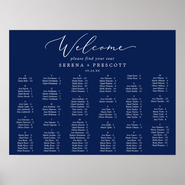 Delicate Navy Blue 130 Gäste Seating Chart Poster (Vorne)