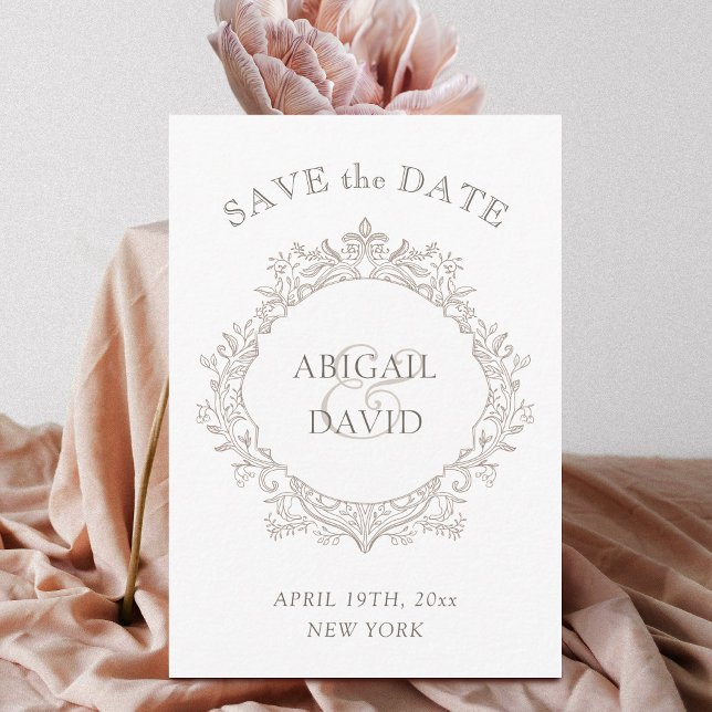 Delicate Neutral Crest Wedding Save The Date (Von Creator hochgeladen)