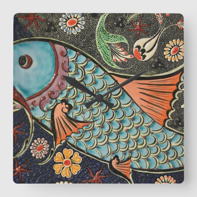 Delicate Ocean Mosaic Coastal Koi Fish Quadratische Wanduhr (Vorderseite)