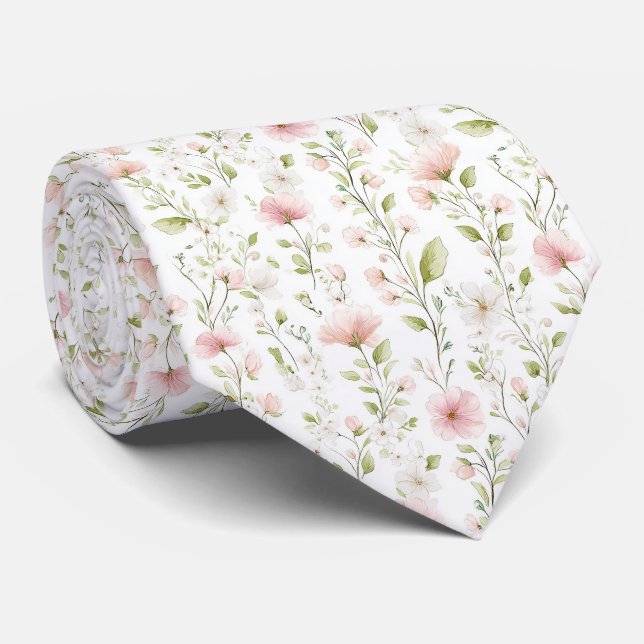 Delicate pink white flowers pattern neck tie krawatte (Gerollt)